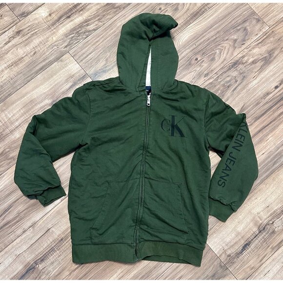 Calvin Klein Boys Hooded Jacket XL 18/20 Green Sherpa Lined Full Zip Logo Coat - Picture 2 of 10